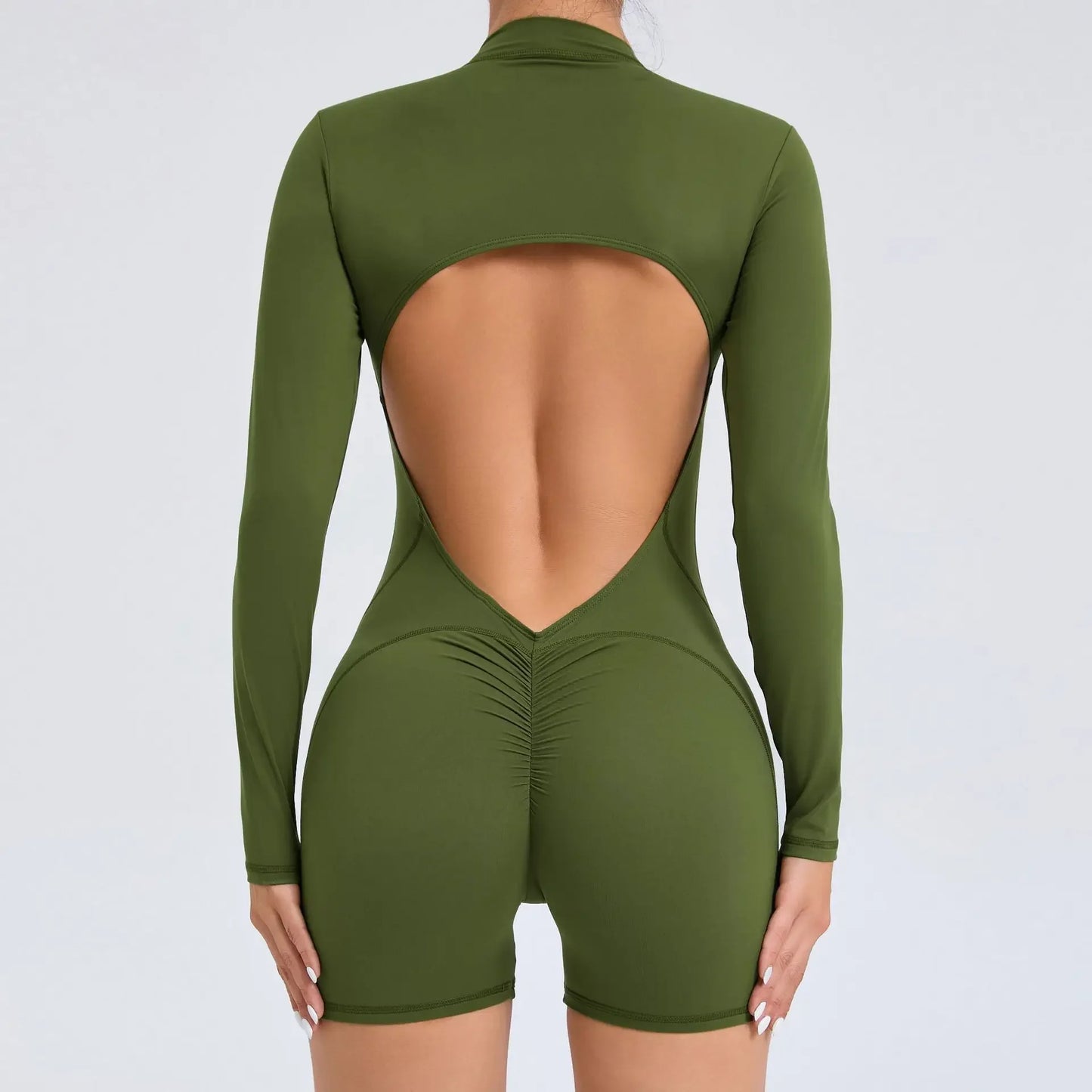 V-Back Scrunch One-Piece Jumpsuit – Push-Up Zipper Workout Bodysuit for Women