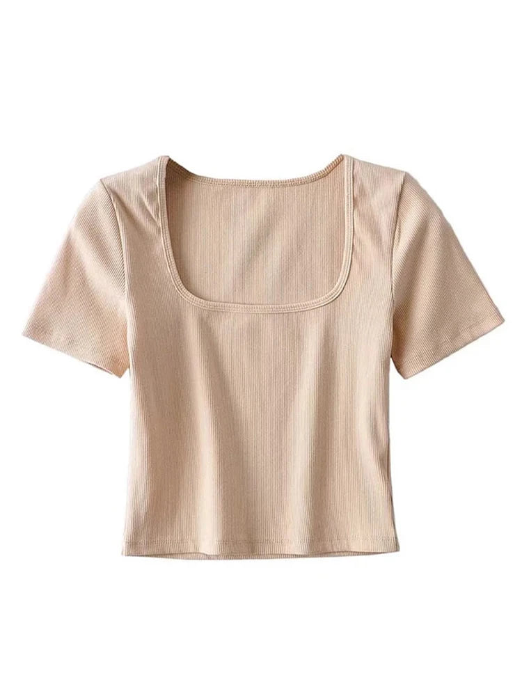 Women’s Square Neck Ribbed Crop T-Shirt – Short Sleeve