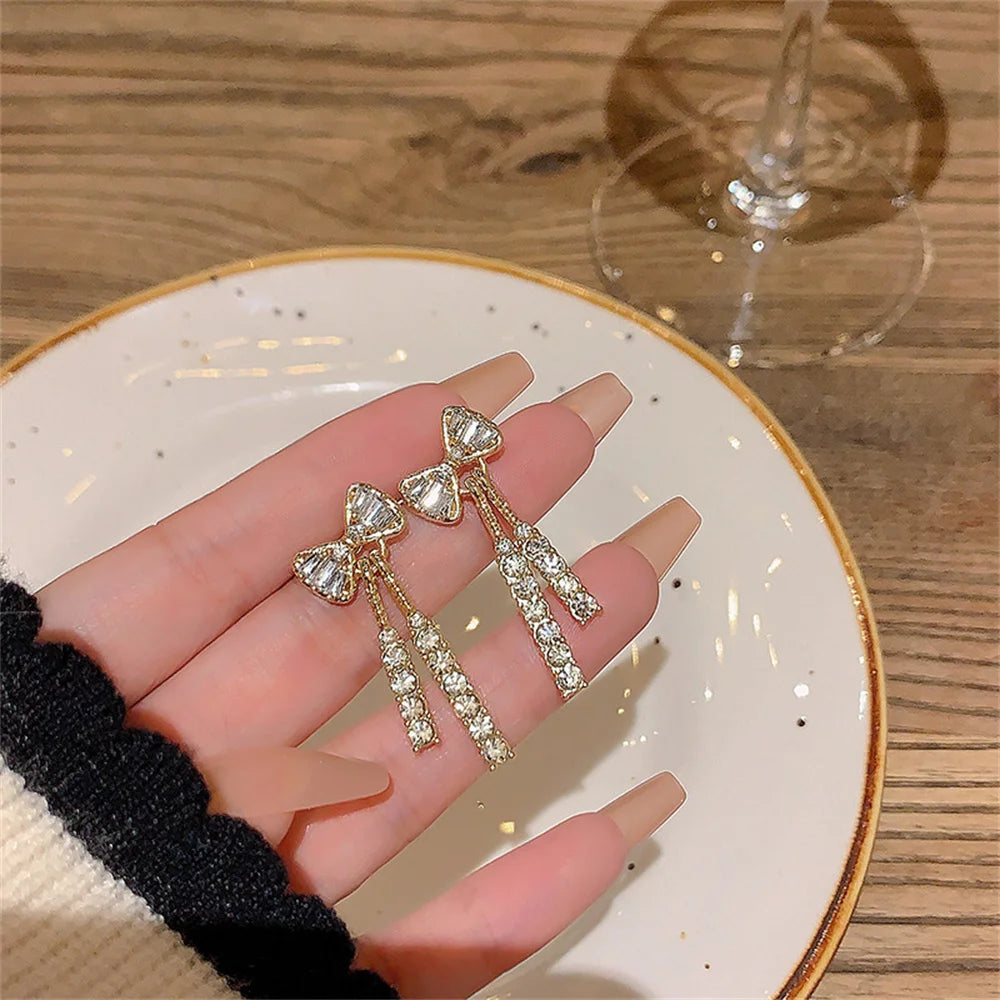 Zircon Bow Tassel Earrings – Trendy Acrylic Crystal Party Jewelry for Women
