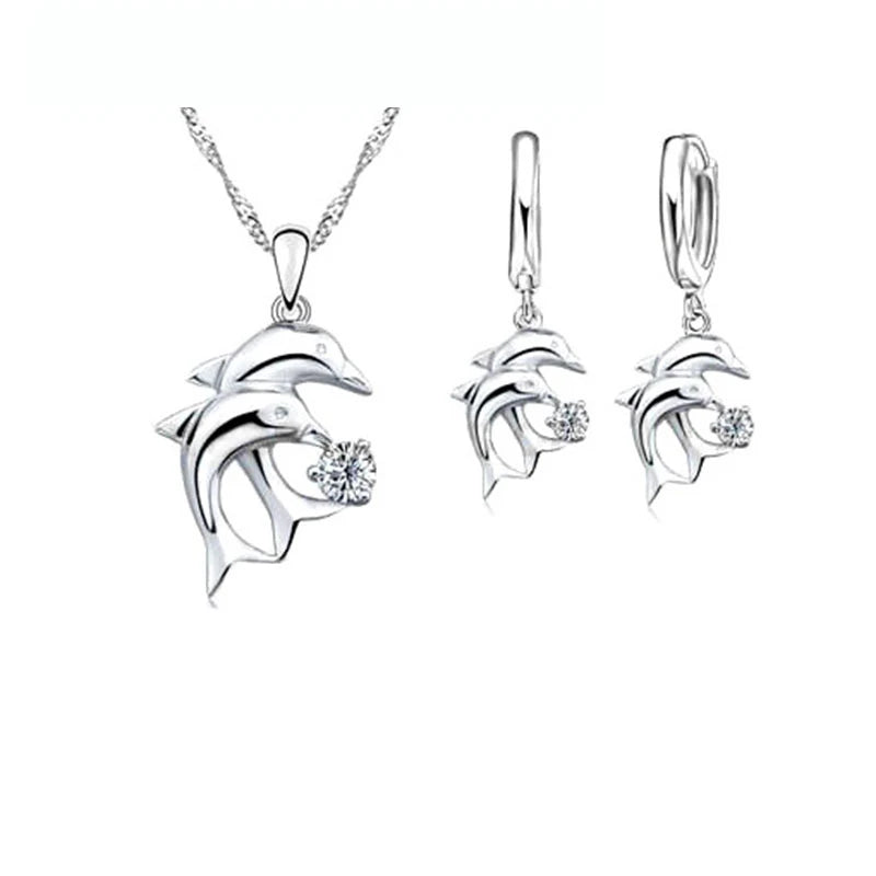 925 Sterling Silver Dolphin Jewelry Set – Crystal Necklace & Hoop Earrings for Women