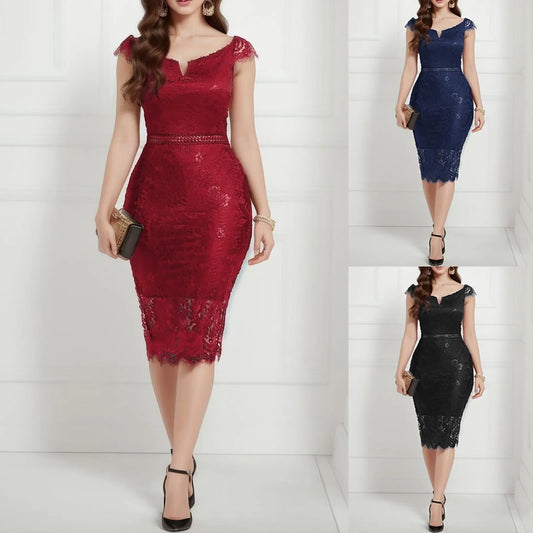 LaceMuse – Off-Shoulder V-Neck Evening Dress with Hollow Lace Details