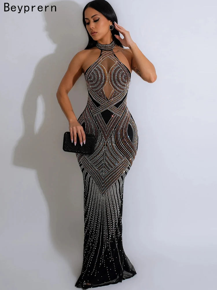 GlamMesh – Rhinestone Backless Maxi Dress for Show-Stopping Evenings