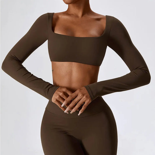 Women’s Long Sleeve Crop Yoga T-Shirt – Solid Quick-Dry Fitness Top