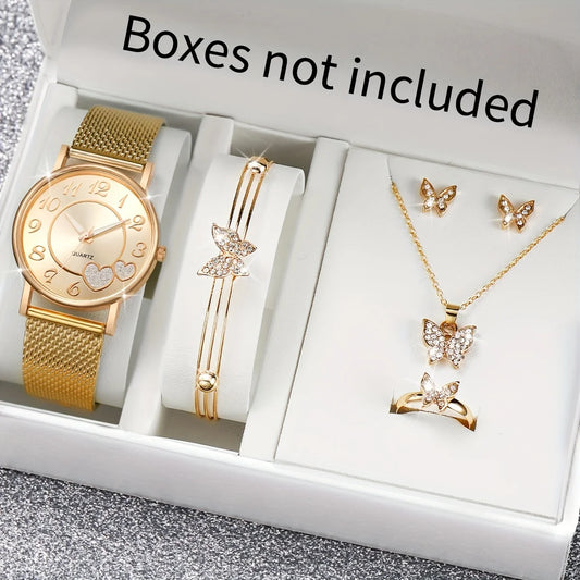 HeartTime – 3/6PCS Women’s Golden Watch & Butterfly Jewelry Set
