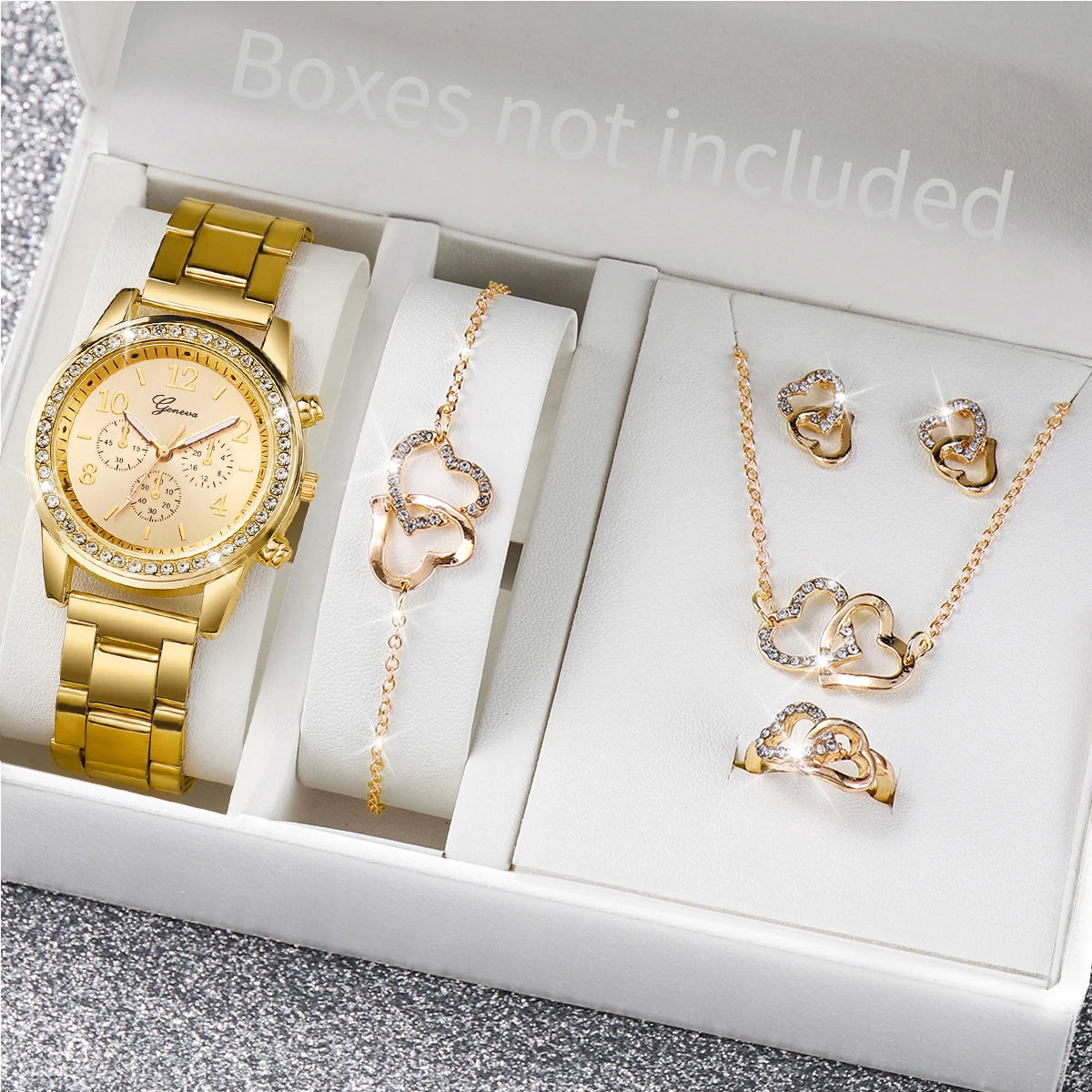 6PCS Women's Rhinestone Watch & Jewelry Set – Stainless Steel Quartz Elegance