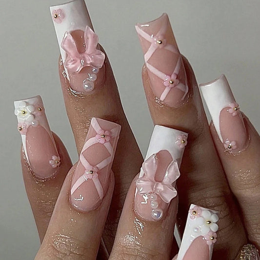 24pcs Long Ballet Fake Nails – Pink & White Bow French Design