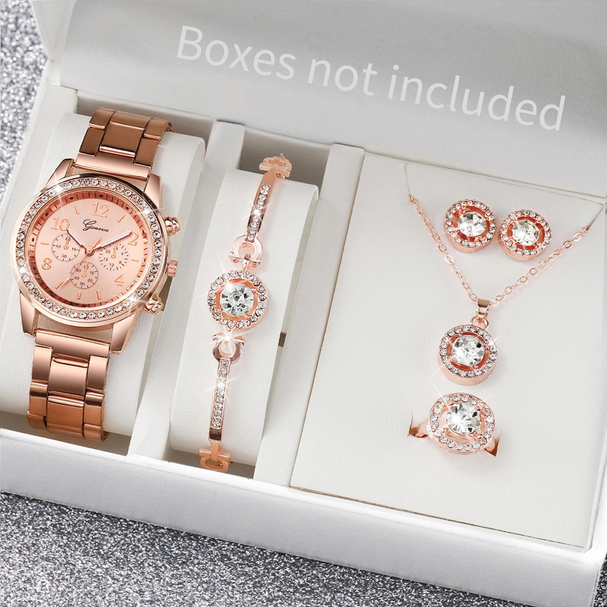 6PCS Women's Rhinestone Watch & Jewelry Set – Stainless Steel Quartz Elegance