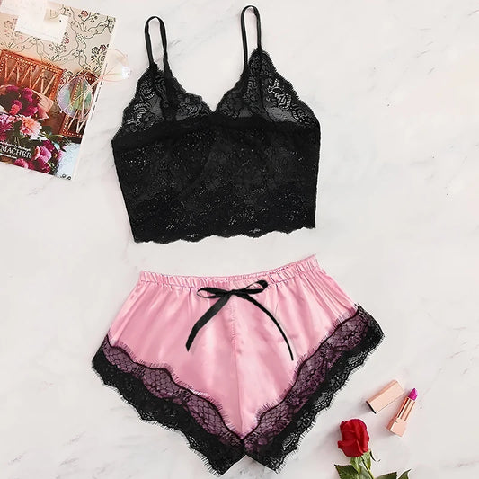 LaceWhisper – 2PCS Women's See-Through Lace Pajama Set