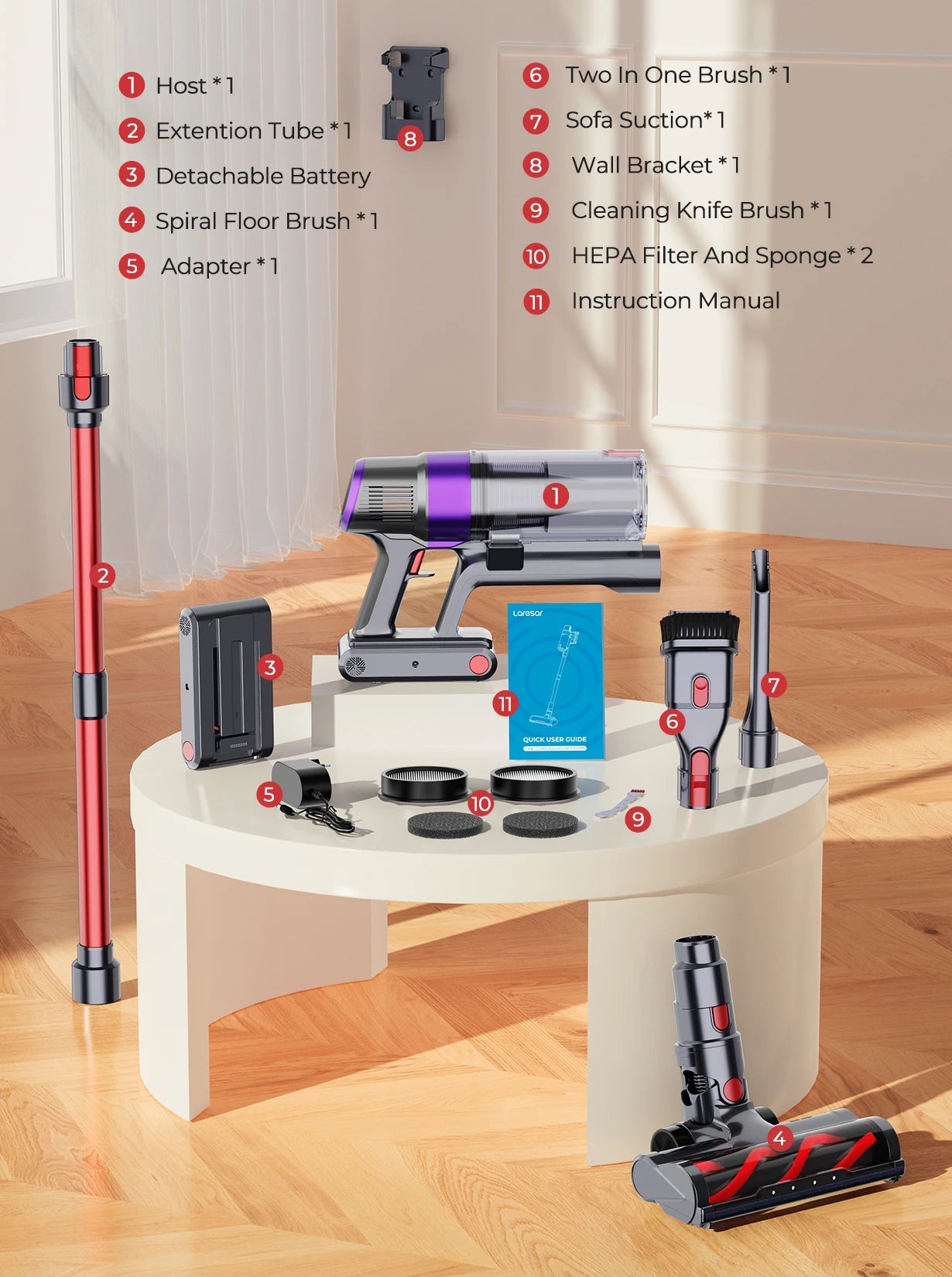 LARESAR V8 Elite 8 Cordless Vacuum – 48KPa Suction, 500W Brushless Motor, 60 Min Runtime