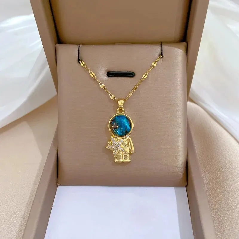 Titanium Star & Planet Pendant Necklace – Gold Astronaut Moon Charm Jewelry for Women