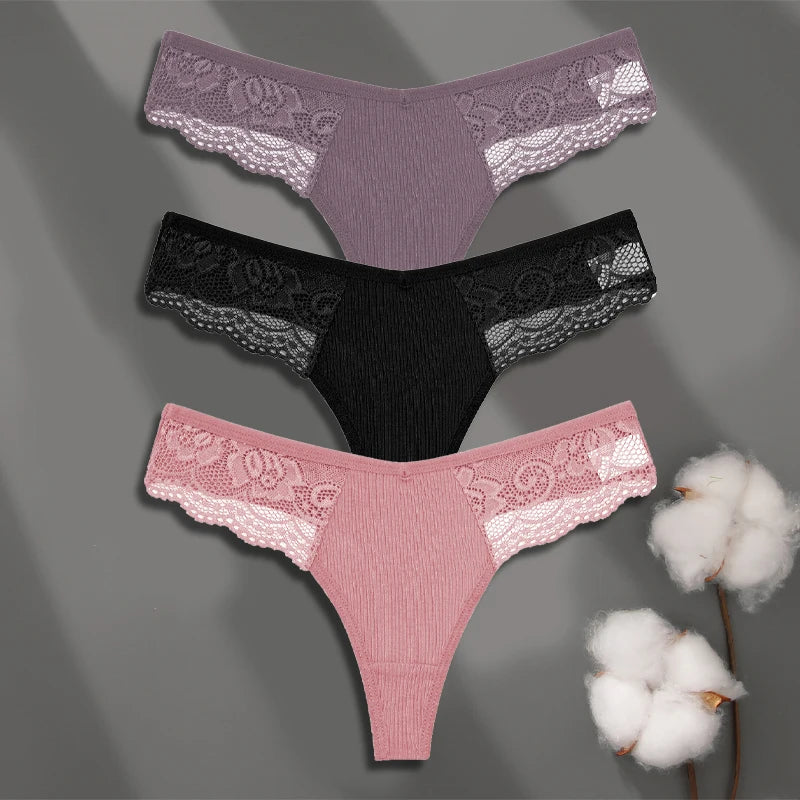 LaceLuxe – 3PCS Women's Cotton Lace Thong Set