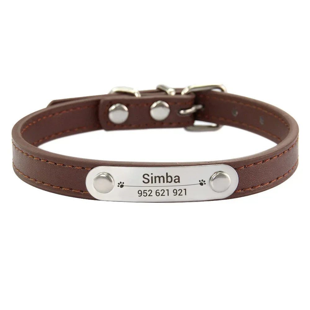 Personalized PU Leather Dog Collar – Custom Name ID Tag, Anti-Lost Design (Pink)