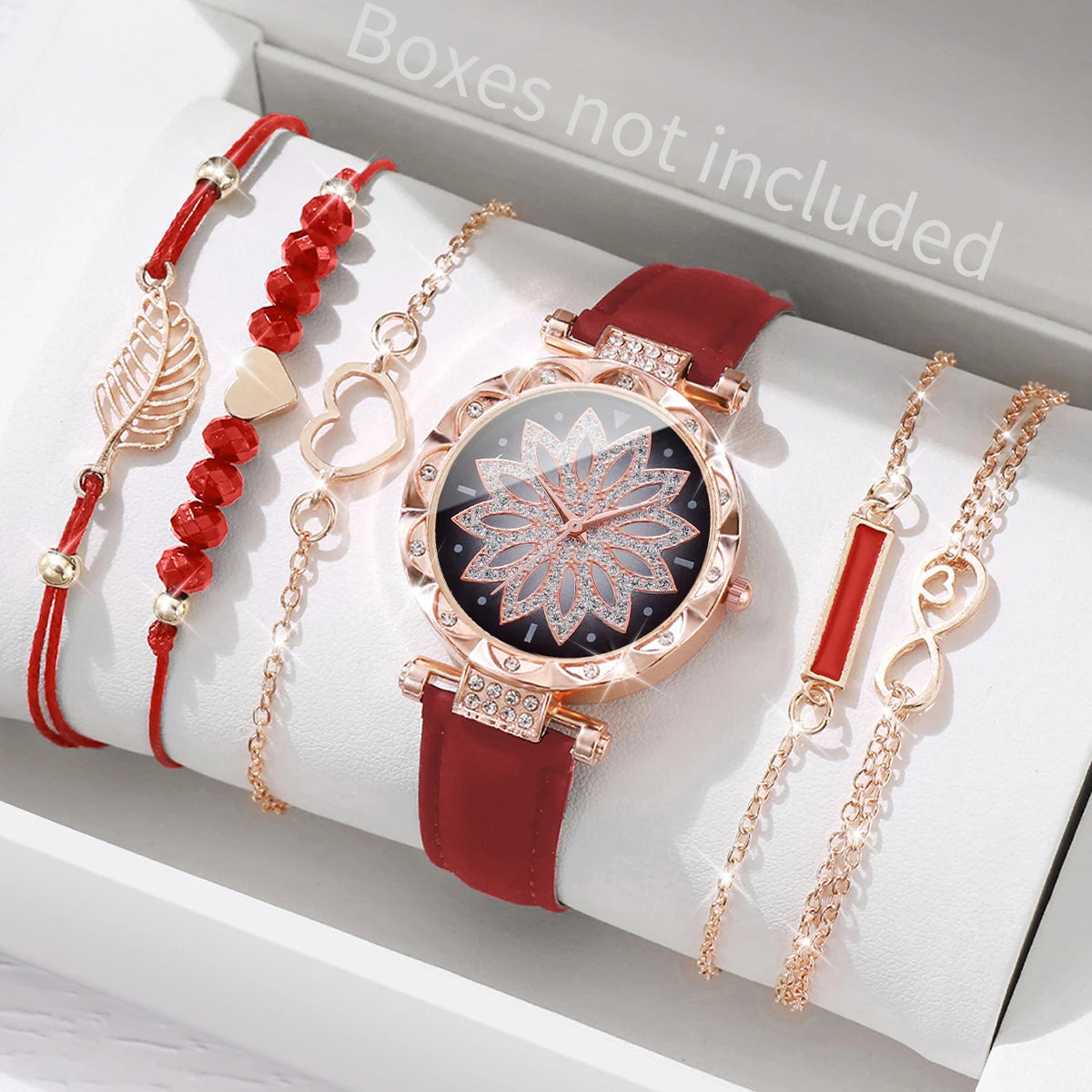 6-Piece Women’s Fashion Watch & Bracelet Set – Heart Dial Leather Band Quartz