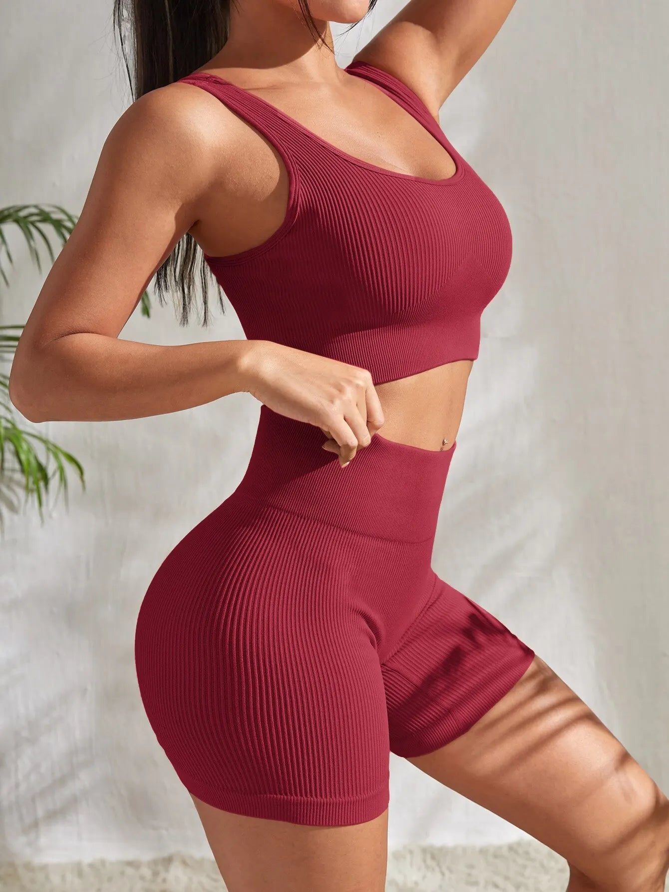 Seamless Ribbed Yoga Set – 2-Piece Crop Tank & High Waist Shorts for Women