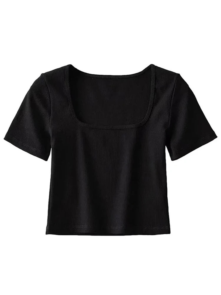 Women’s Square Neck Ribbed Crop T-Shirt – Short Sleeve