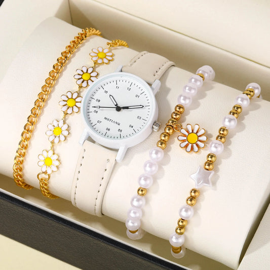 StarBloom – 5PCS Girls’ Pearl & Charm Bracelet Watch Set