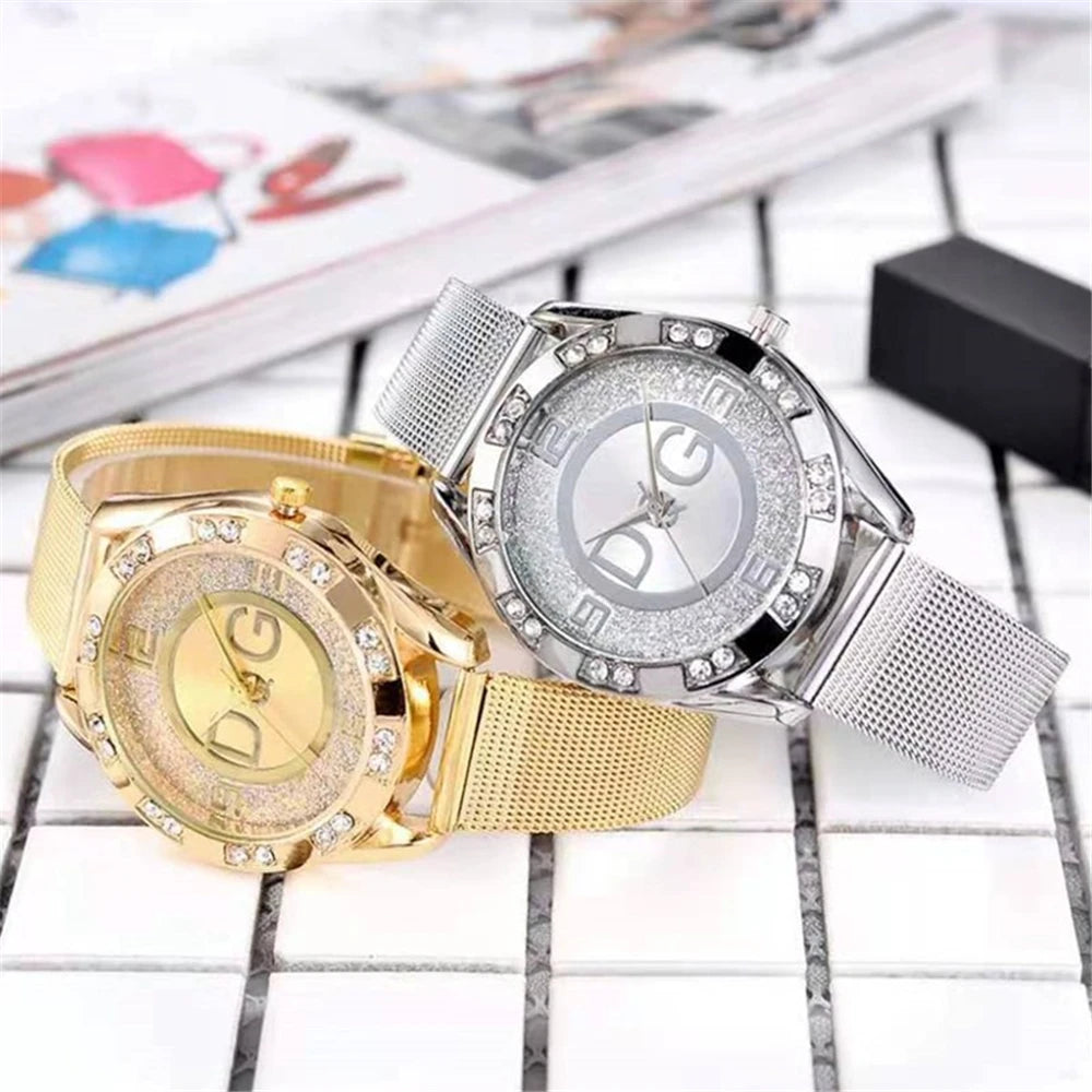 StarGleam DQG – Women's Diamond Quartz Watch with Gold Mesh Strap