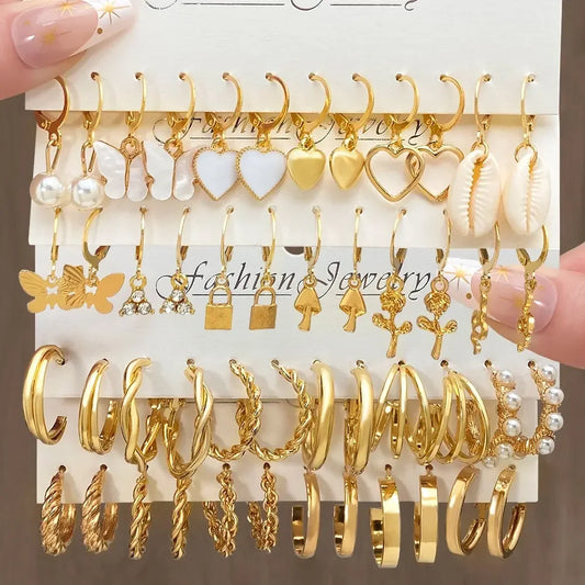 PearlCharm – Heart & Shell Dangle Earrings Set
