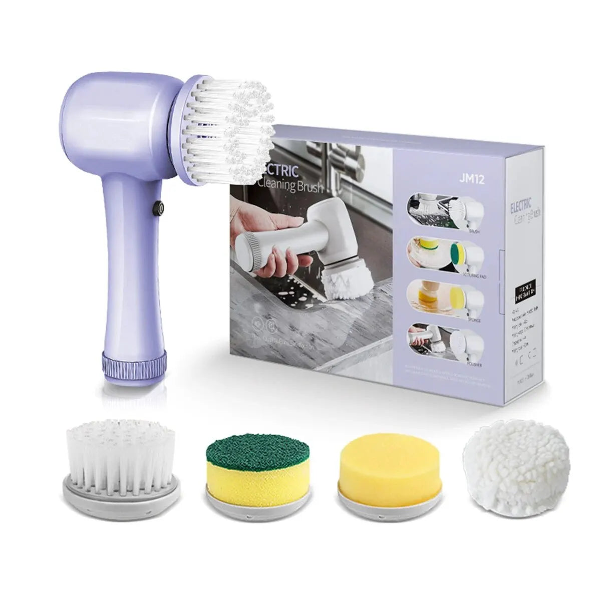 4-in-1 Electric Cleaning Brush – USB Rechargeable with Rotating Sponge, Wire Brush & Attachments