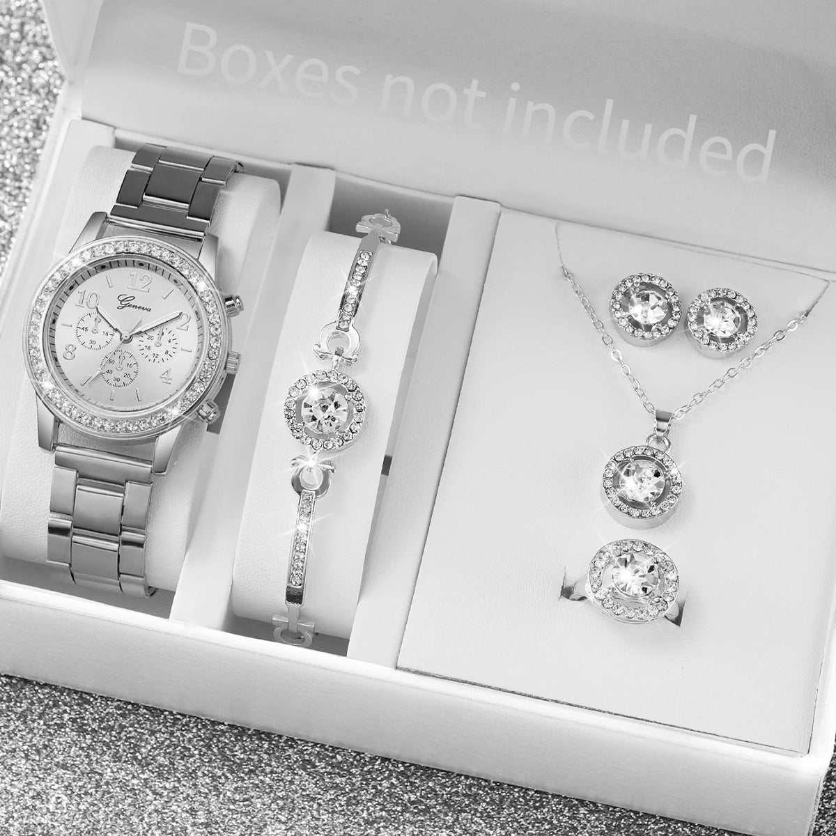 6PCS Women's Rhinestone Watch & Jewelry Set – Stainless Steel Quartz Elegance