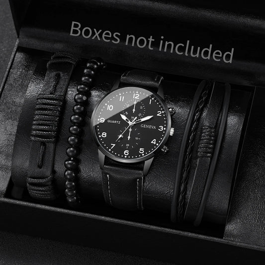 4/5-Piece Men’s Vintage Quartz Watch & Leather Bracelet Set – Business Style