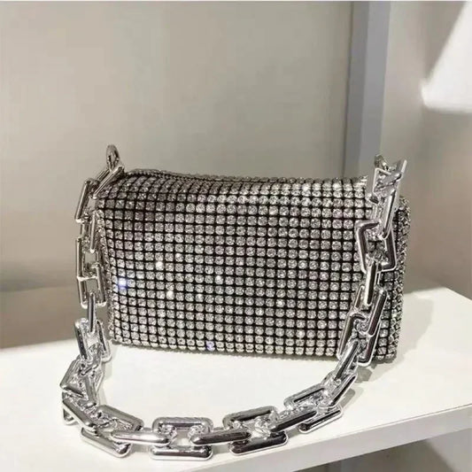 Rhinestone Bucket Bag – Glitter Mini Crossbody with Chain Strap