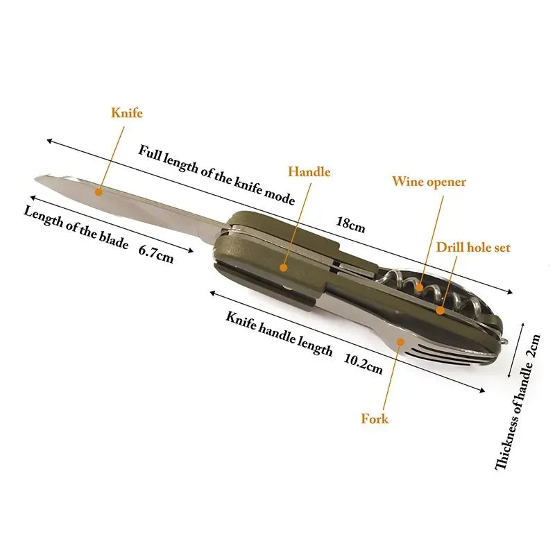 7-in-1 Multifunctional Camping Utensil – Foldable Stainless Steel Cutlery Set