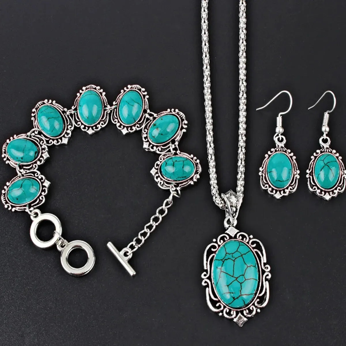 3-Piece Women’s Vintage Turquoise Jewelry Set – Bracelet, Necklace & Earrings