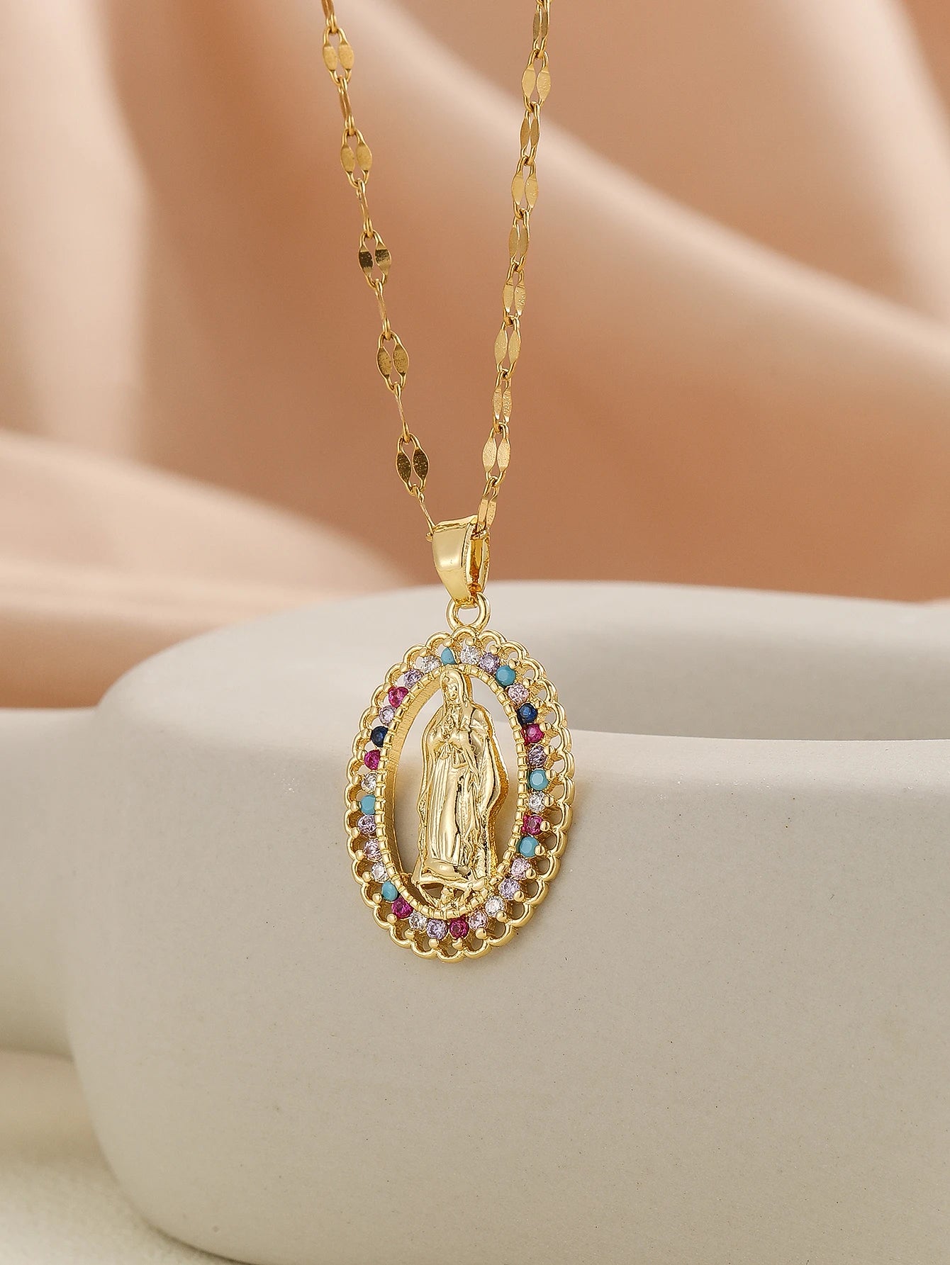 Santa Maria Micro-Inlaid Zircon Necklace – Colorful Religious Fashion Jewelry