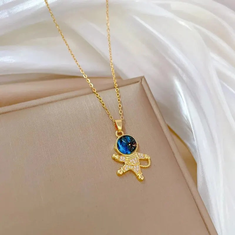 Titanium Star & Planet Pendant Necklace – Gold Astronaut Moon Charm Jewelry for Women