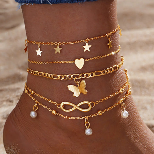Boho Retro Tassel Anklet Set – 5-Piece Butterfly, Pearl & Charm Foot Bracelet Jewelry