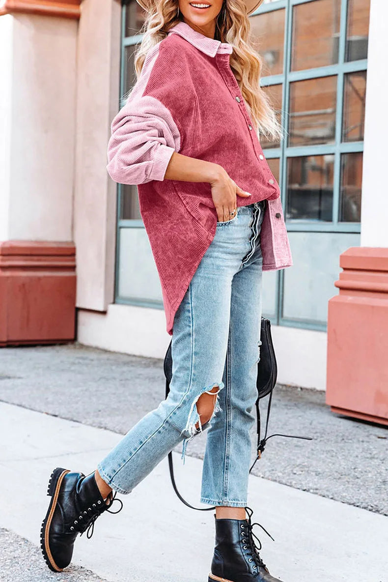 Color Block Drop Shoulder Jacket – Long Sleeve Single-Breasted Fall & Winter Coat