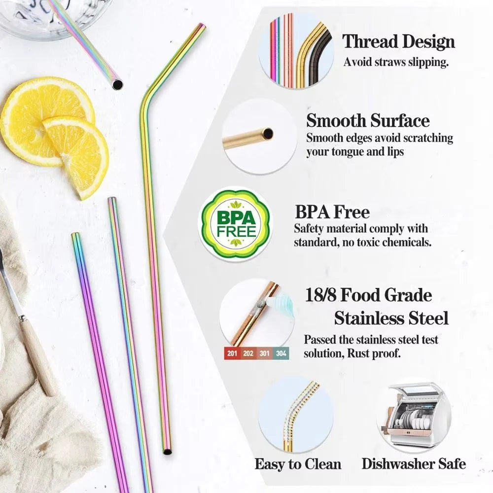 Metal Straws – Reusable 304 Stainless Steel Set with Brush & Pouch