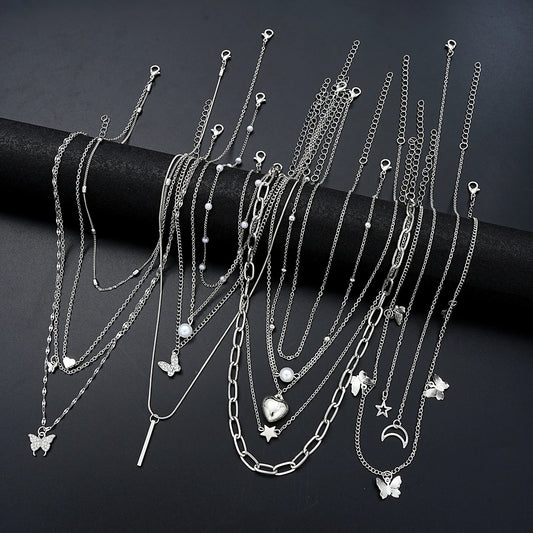 13Pcs Silver Charm Necklace Set – Butterfly, Heart, Star & Pearl Fashion Jewelry for Women