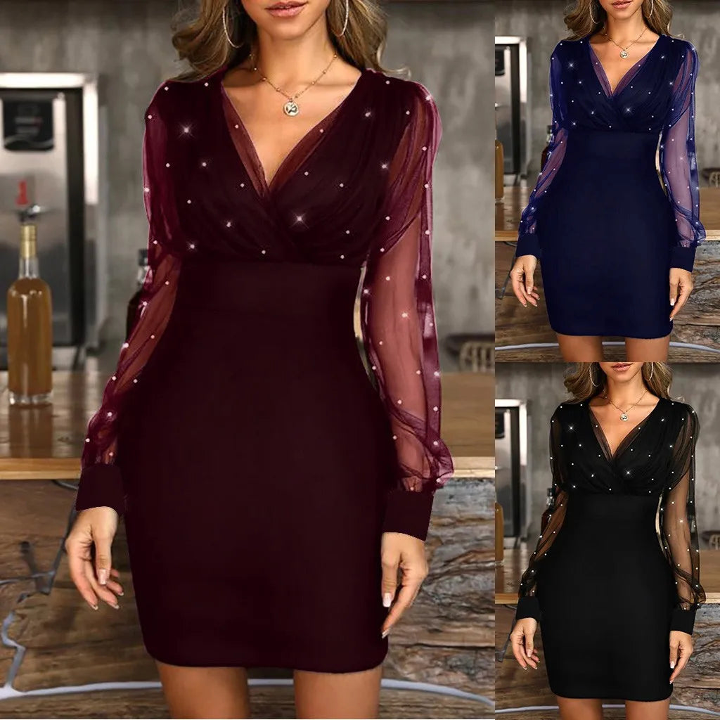 GlamWrap – Sequin Mesh Evening Dress with Wrap Hip & Sheer Sleeves