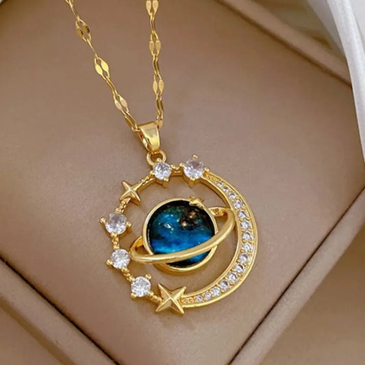 Titanium Star & Planet Pendant Necklace – Gold Astronaut Moon Charm Jewelry for Women