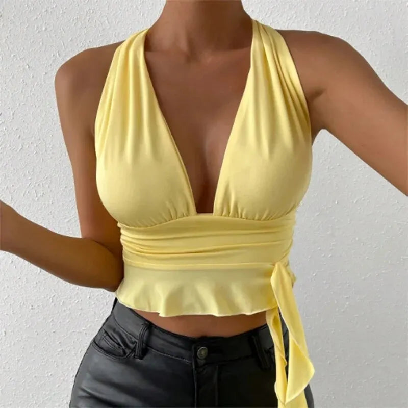 VGlow – Women's Deep V-Neck Pleated Sexy Top
