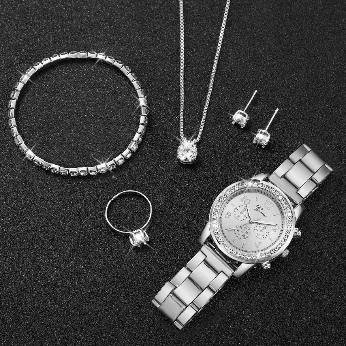 6PCS Women's Fashion Silver Steel Band Analog Quartz Watch & Diamond Jewelry Set (No Box)