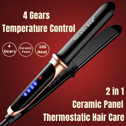 2-in-1 Professional Flat Iron Hair Straightener – 4 Gears Adjustable Temperature, Fast Warm-Up