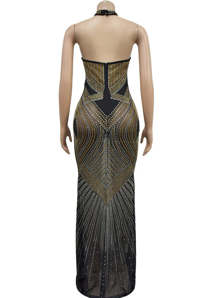 GlamMesh – Rhinestone Backless Maxi Dress for Show-Stopping Evenings