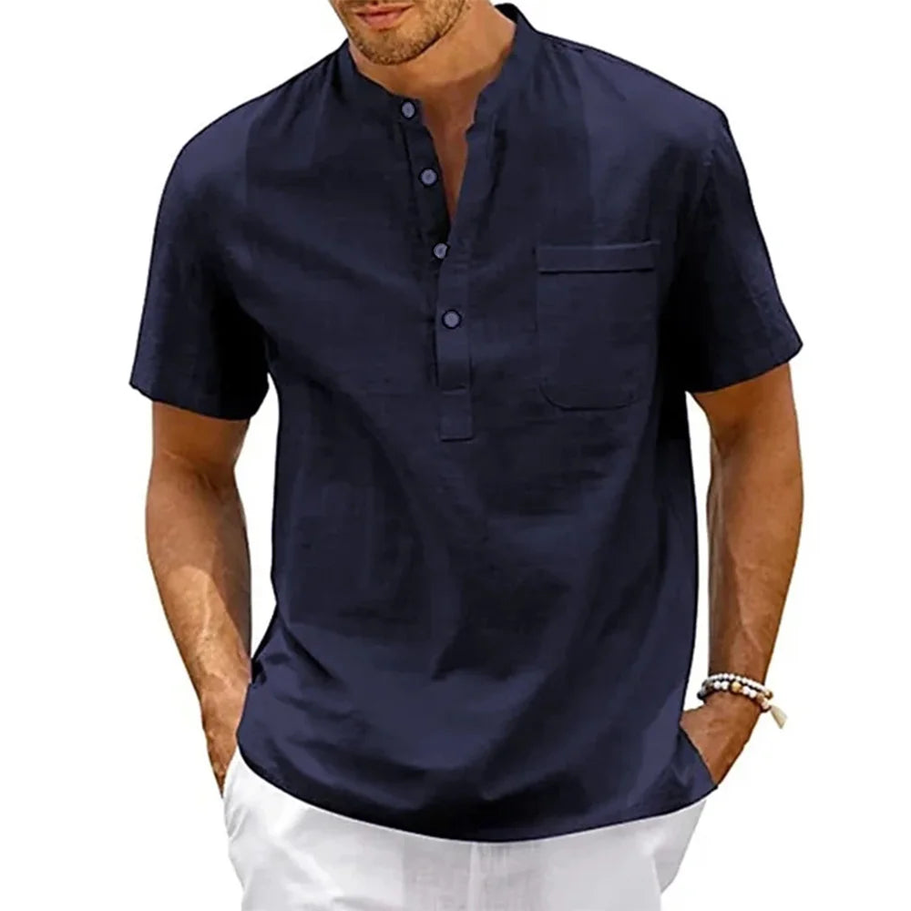 BreezeCraft – Linen Henley Beach Shirt