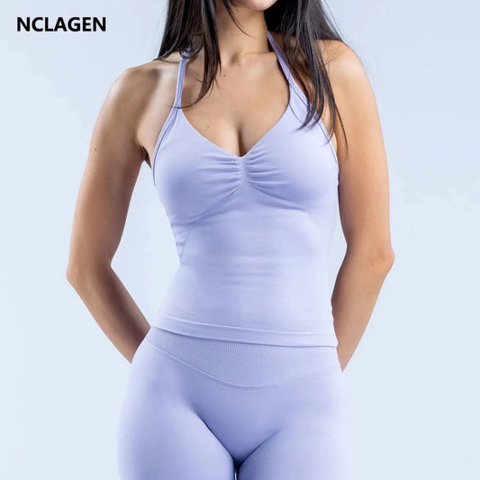 NCLAGEN Longline Strappy Sports Top – Halter Back Yoga & Fitness Bra Vest