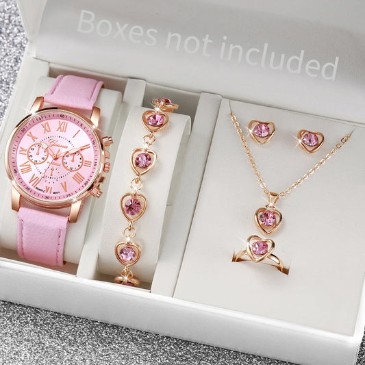 LoveTime – 5/6PCS Women's Leather Watch & Jewelry Set