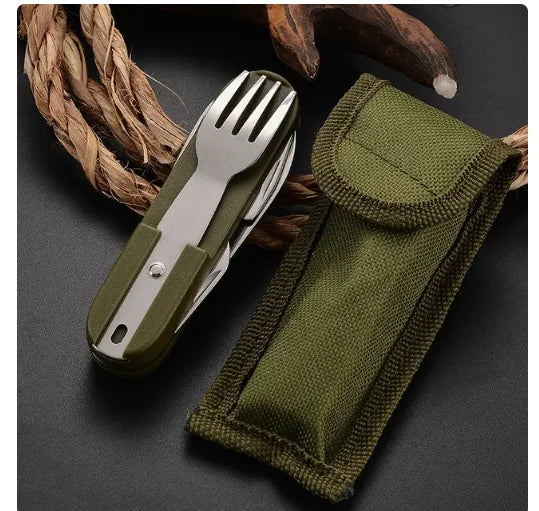 7-in-1 Multifunctional Camping Utensil – Foldable Stainless Steel Cutlery Set