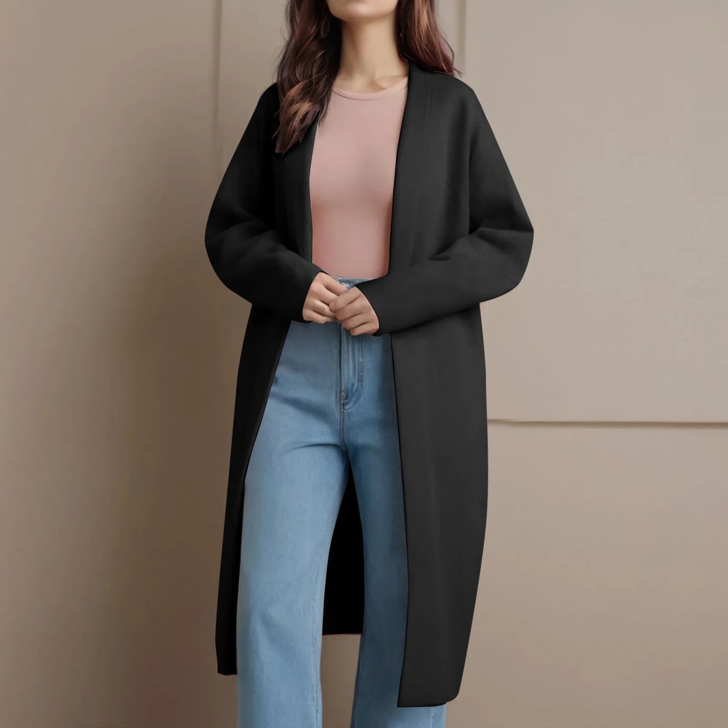 Long Knitted Cardigan for Women – Open Front V-Neck Winter Coat