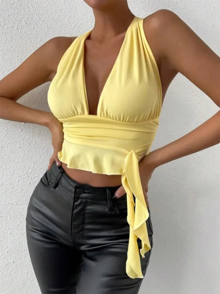 VGlow – Women's Deep V-Neck Pleated Sexy Top