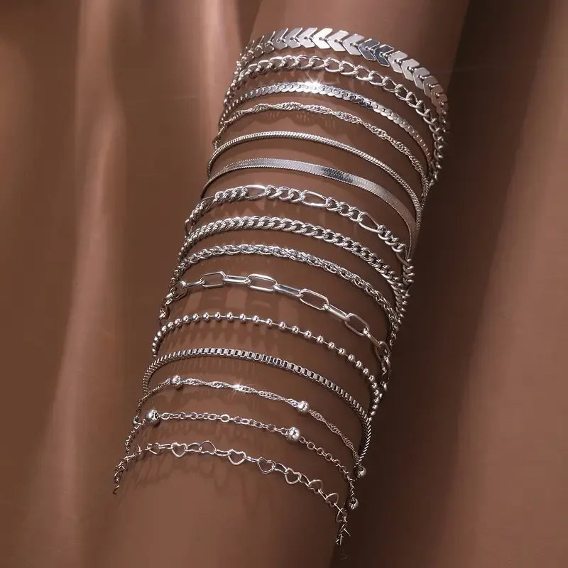 ShineLink – 15PCS Silver Chain & Bead Bracelet Set