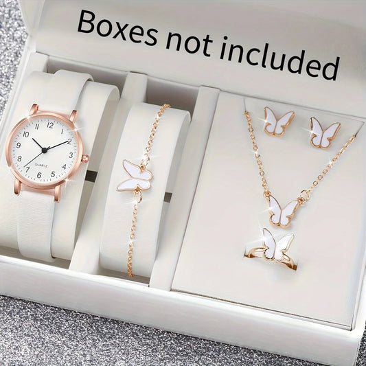 Women's Arabic Dial Watch & Butterfly Jewelry Set – PU Leather Strap
