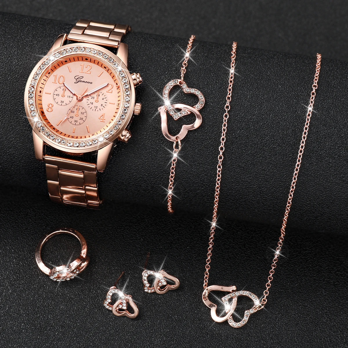 6PCS Women's Rhinestone Watch & Jewelry Set – Stainless Steel Quartz Elegance