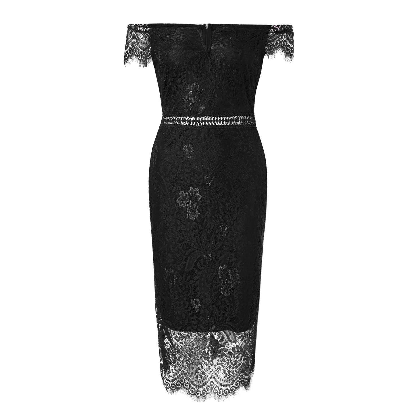 LaceMuse – Off-Shoulder V-Neck Evening Dress with Hollow Lace Details